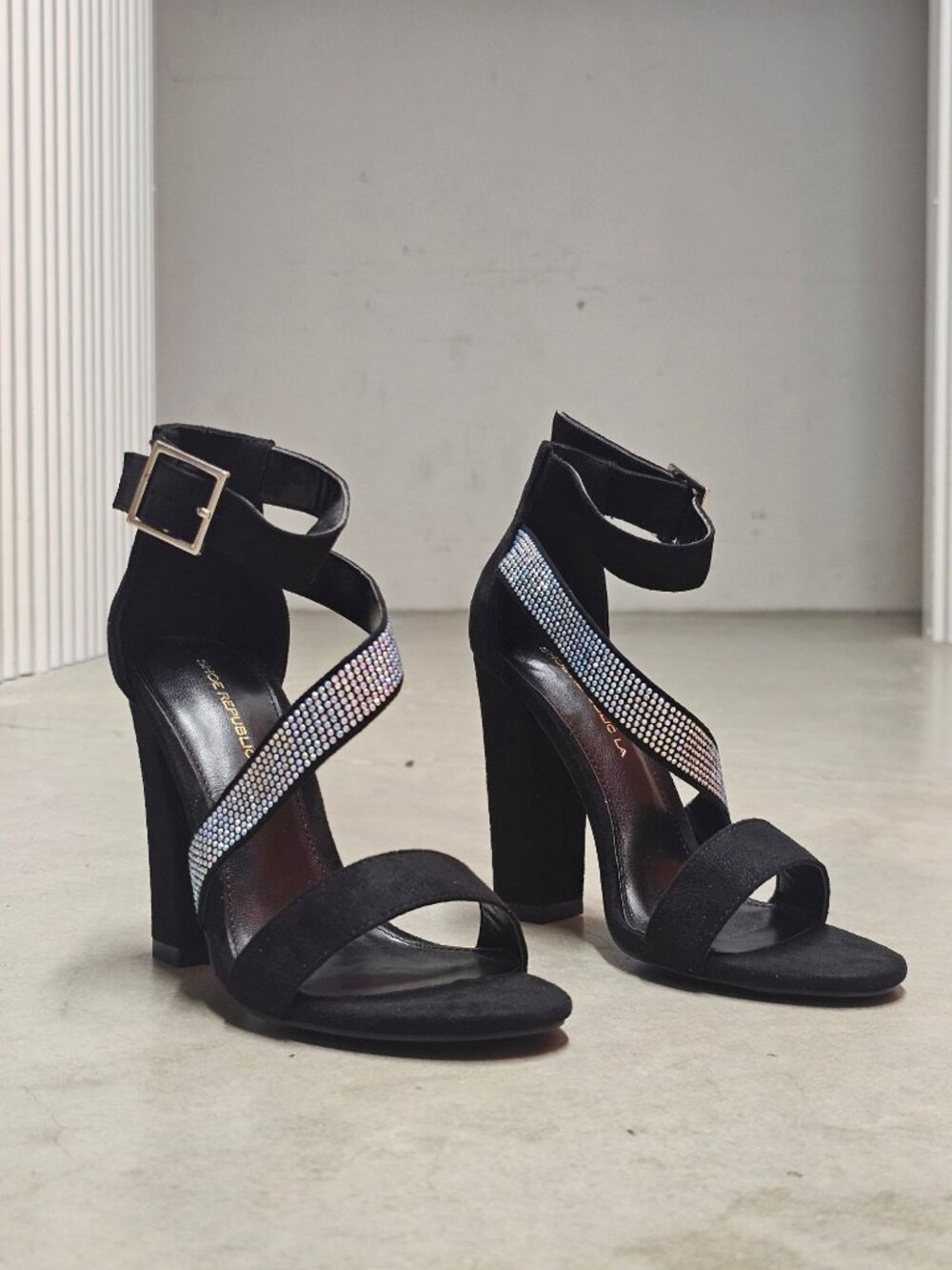 Black Block Heel Sandals With Rhinestone Straps & Adjustable Buckle - Womens Dre